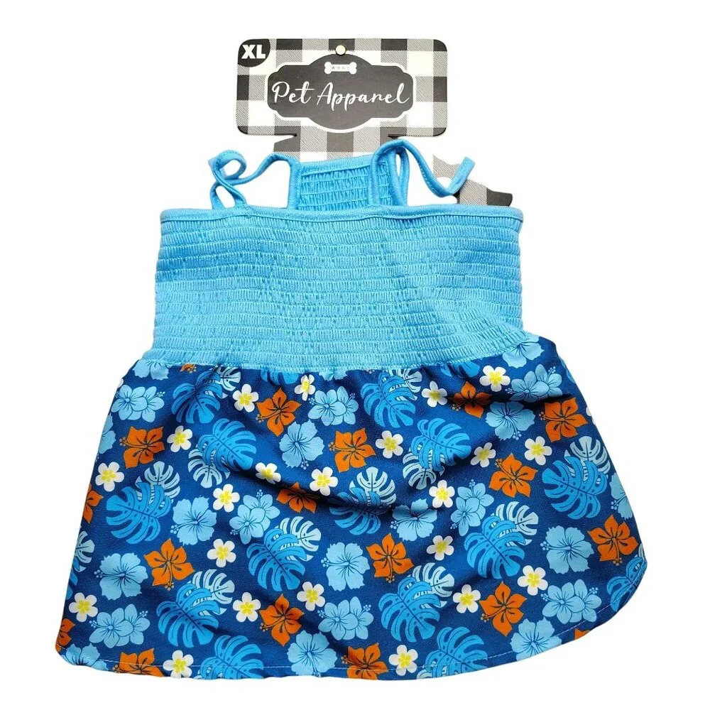 Pet Apparel XL Tropical Floral Blue Dress For Dogs With Stretchy Smocked Bodice